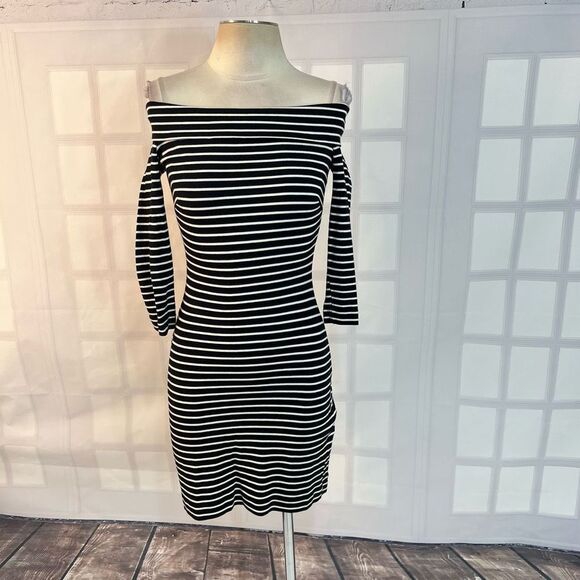 & Other Stories Stripes Fold Off-The-Shoulder Mini Dress Black Size 6 - Picture 1 of 11